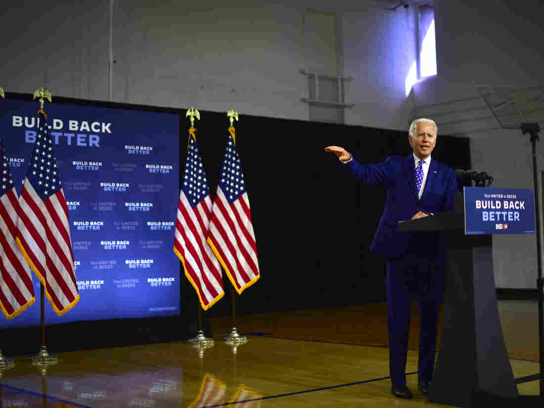 Democratic presidential nominee former Vice President Joe Biden on July 28, 2020 in Wilmington, Delaware talking about his Build Back Better economic plan.