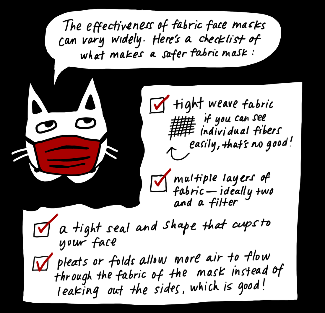 Some criteria that make a safer fabric mask: tight weave fabric; multiple layers of fabric (ideally two layers and a filter); a tight seal and shape that cups to your face; and pleats or folds.