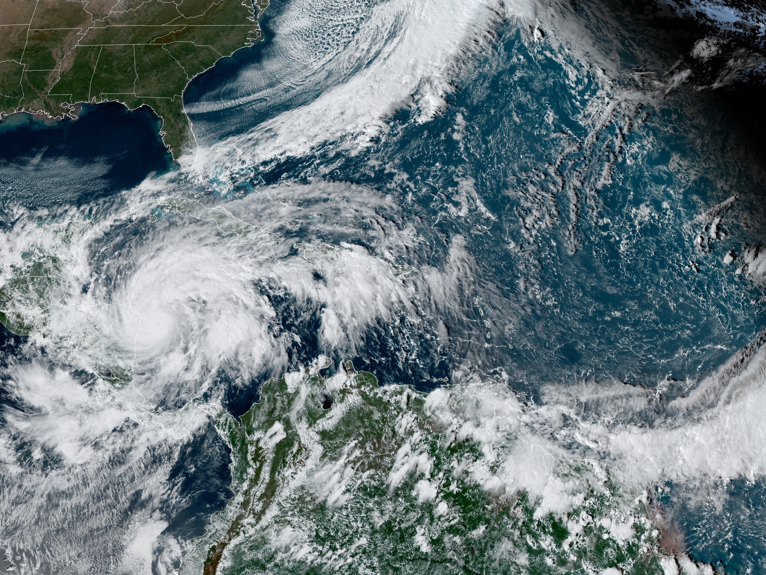 Satellite imagery of Hurricane Eta. It was upgraded to a major hurricane by the National Hurricane Center on Monday. It is expected to dump 35 inches of rain in some isolated areas of Nicaragua after making landfall. (NOAA)
