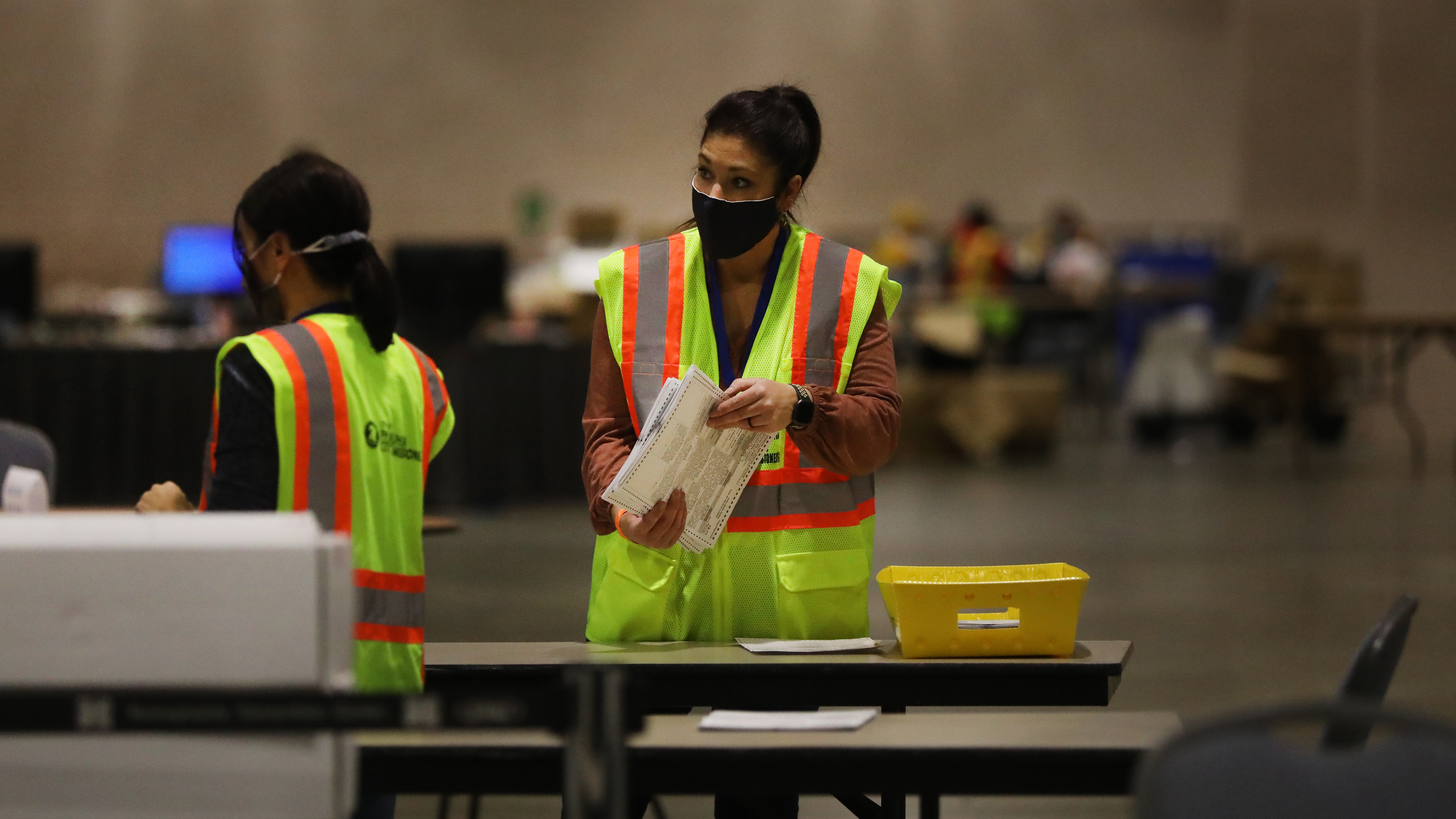 Election workers in Philadelphia count ballots on Tuesday. Pennsylvania is among several swing states that have yet to be called. (Getty Images)