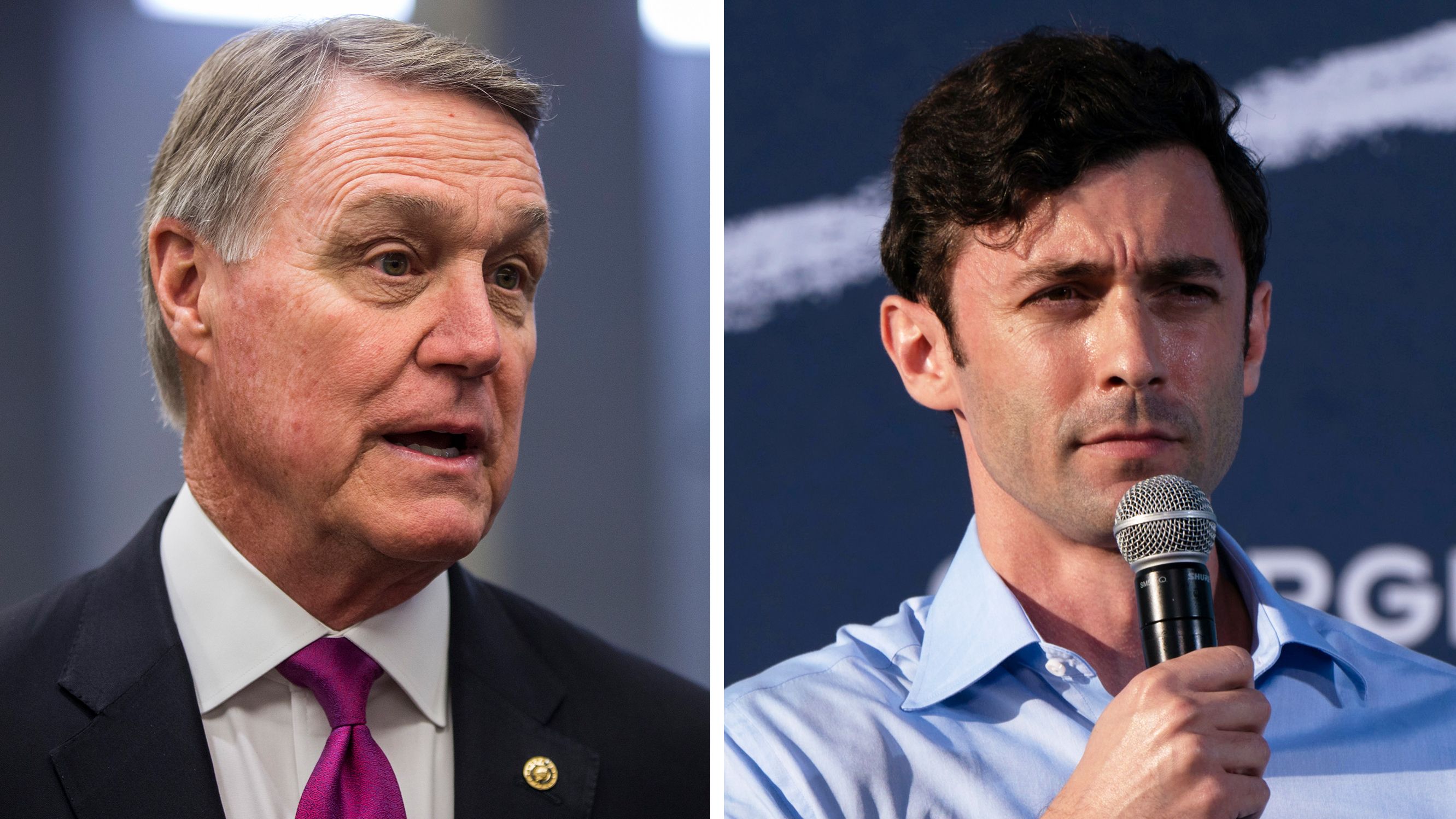 Left: Republican Sen. David Perdue of Georgia speaks to reporters in 2019. Right: Democratic U.S. Senate candidate Jon Ossoff speaks at a rally at Morehouse College on Oct. 23, in Atlanta. (Getty Images)