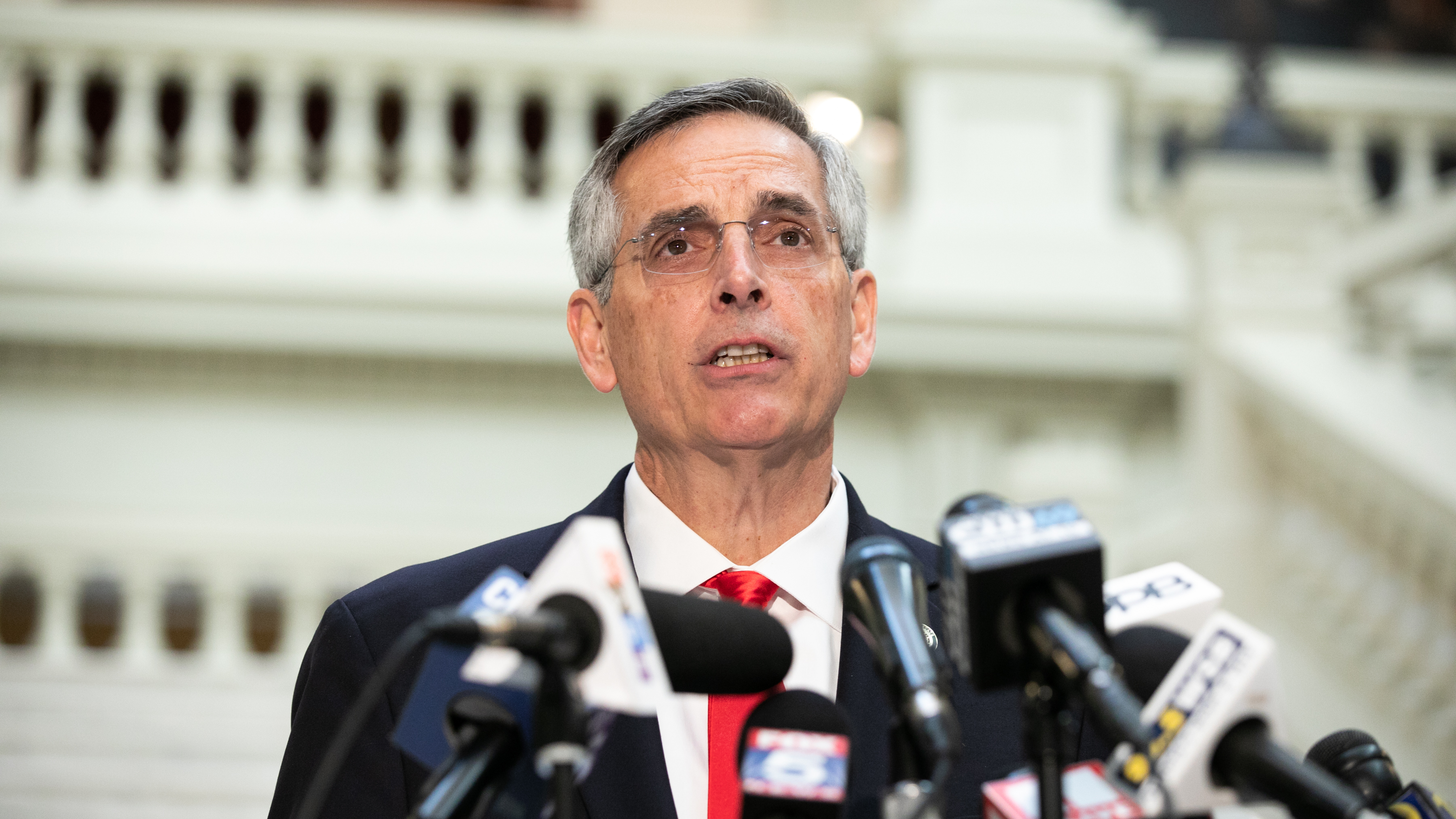 Georgia Secretary of State Ben Raffensperger holds a press conference on the status of ballot counting in Atlanta on Friday. (Getty Images)
