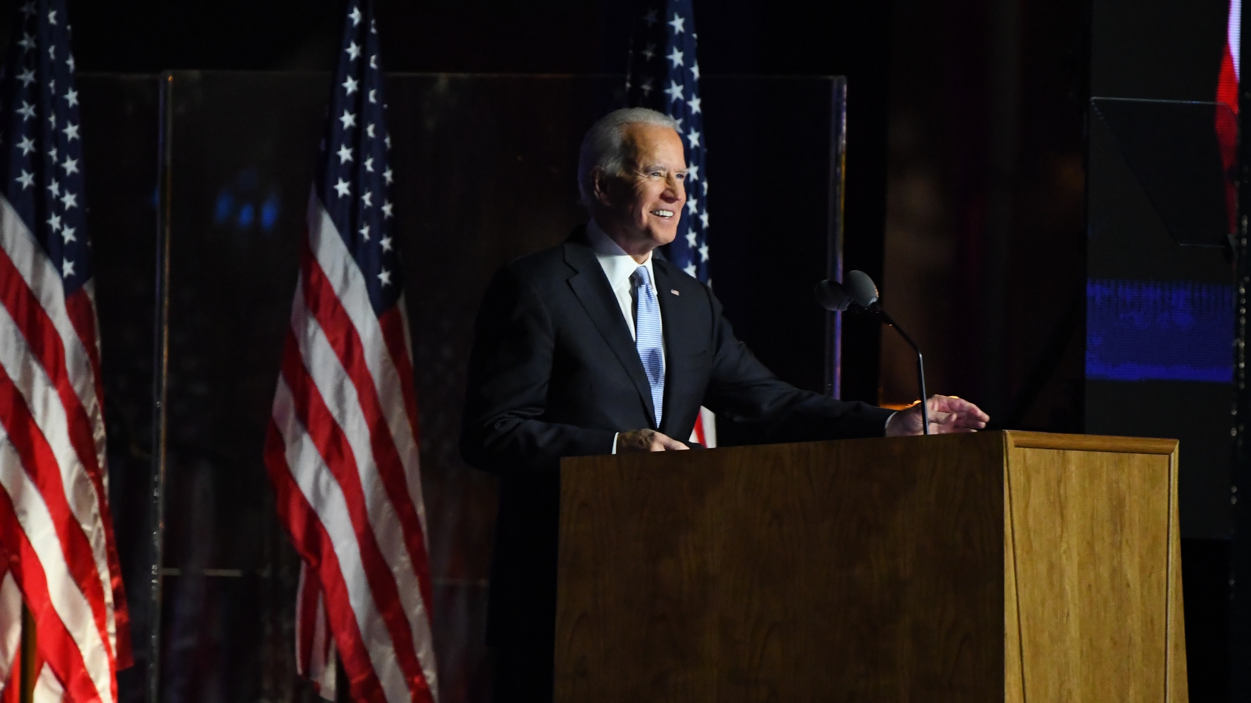 President-elect Joe Biden speaks during an election event in Wilmington, Del., on Saturday evening. (Bloomberg via Getty Images)