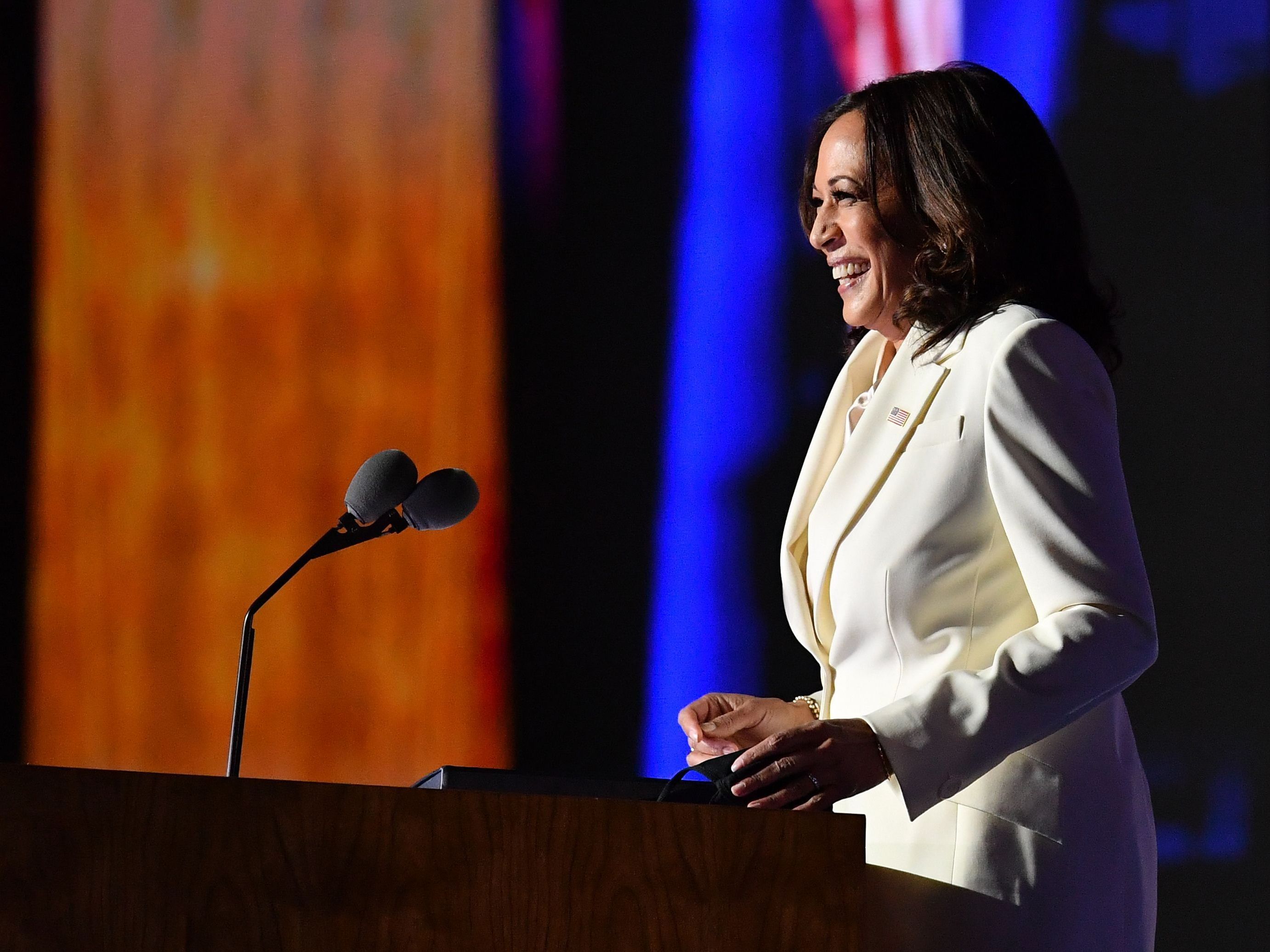 Vice President-elect Kamala Harris delivers remarks Saturday night in Wilmington, Del. (AFP via Getty Images)