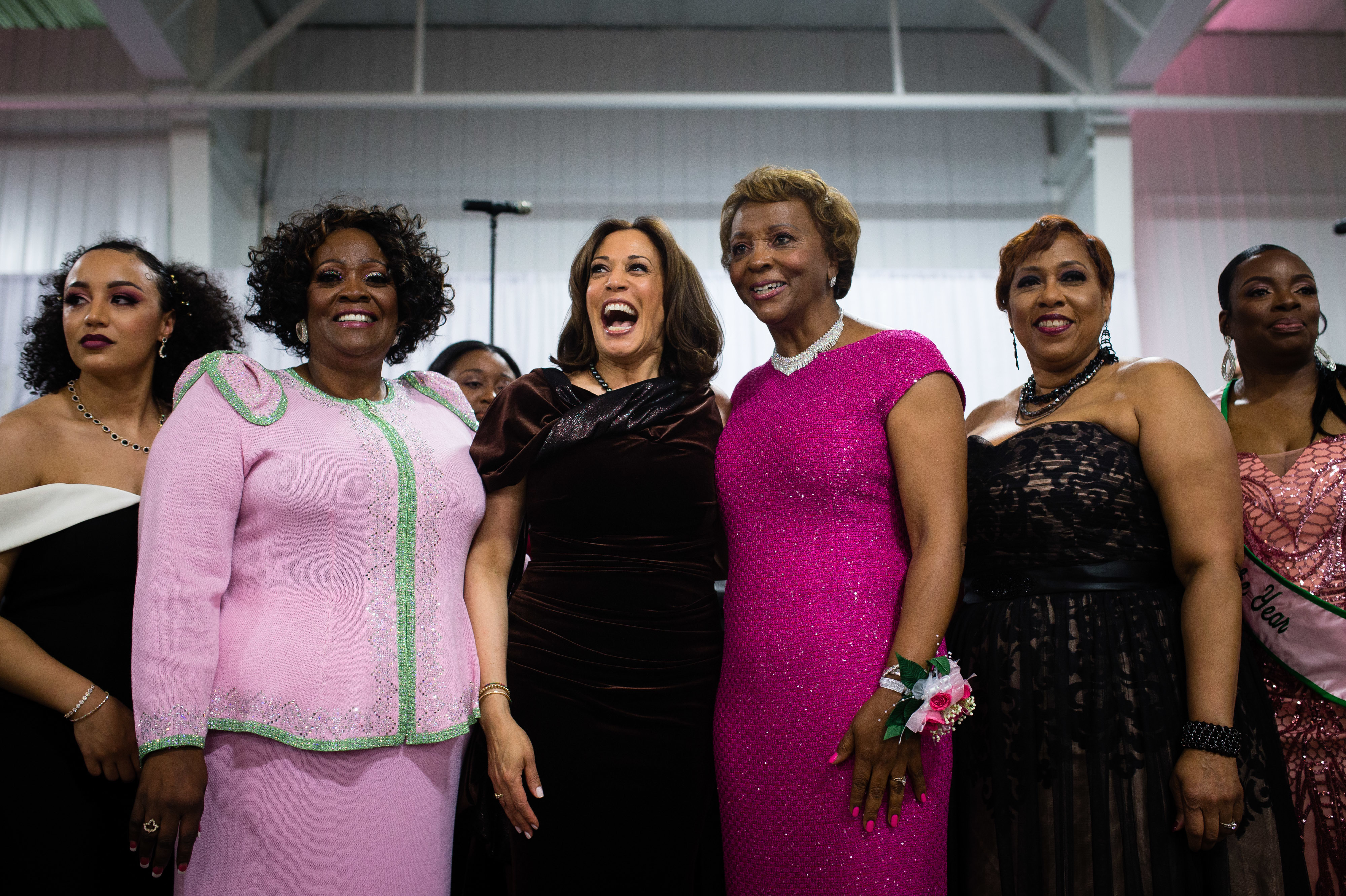 Sen. Kamala Harris stands with attendees and participates in the Alpha Kappa Alpha Sorority Inc. hymn at their Annual Pink Ice Gala in Columbia, South Carolina on Friday, Jan. 25, 2019. (Bloomberg via Getty Images)