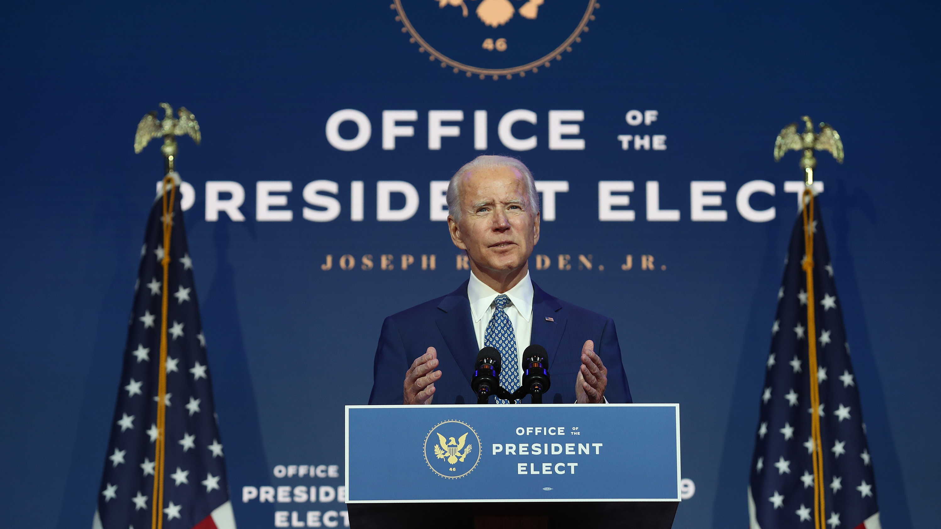 President-elect Joe Biden speaks to the media Monday in Wilmington, Del. The General Services Administration hasn't given Biden's team the resources yet that a presidential transition team traditionally receives. (Getty Images)