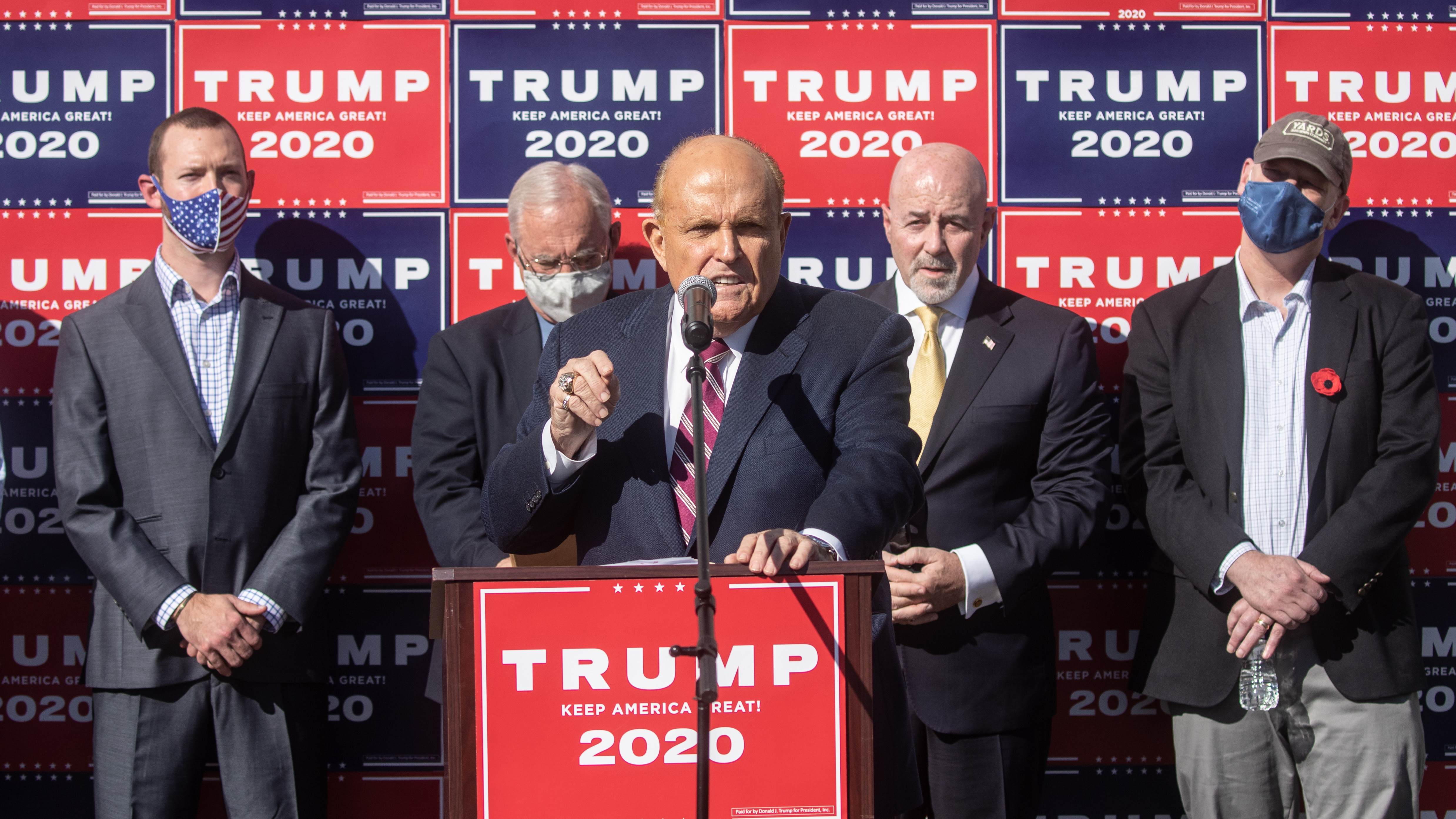 Attorney for the president Rudy Giuliani speaks to the media at a press conference held in the back parking lot of a landscaping company over the weekend in Philadelphia. (Getty Images)