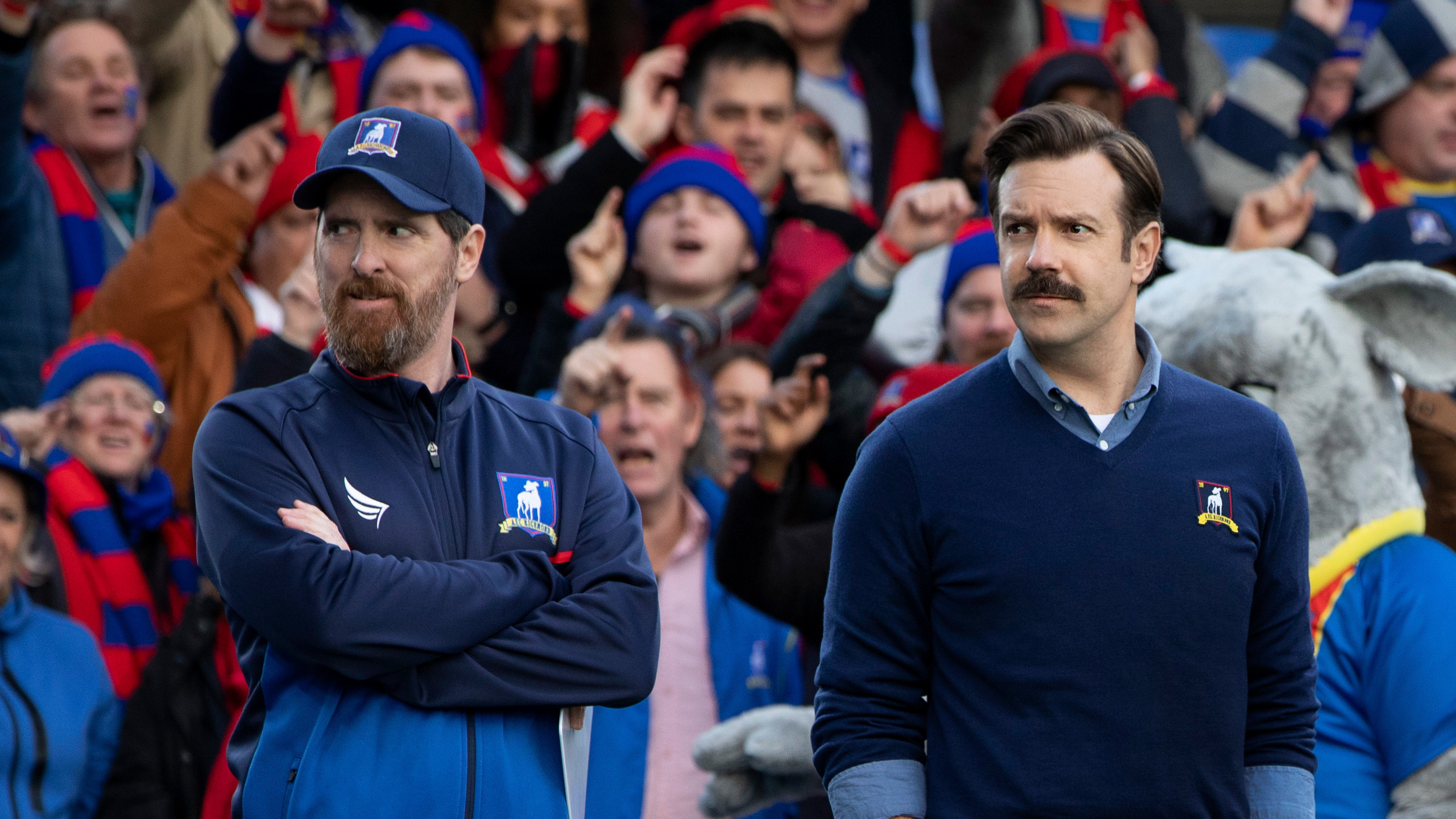 Brendan Hunt as Coach Beard and Jason Sudeikis as Ted Lasso in the Apple TV+ series <em>Ted Lasso</em>. (Apple TV+)