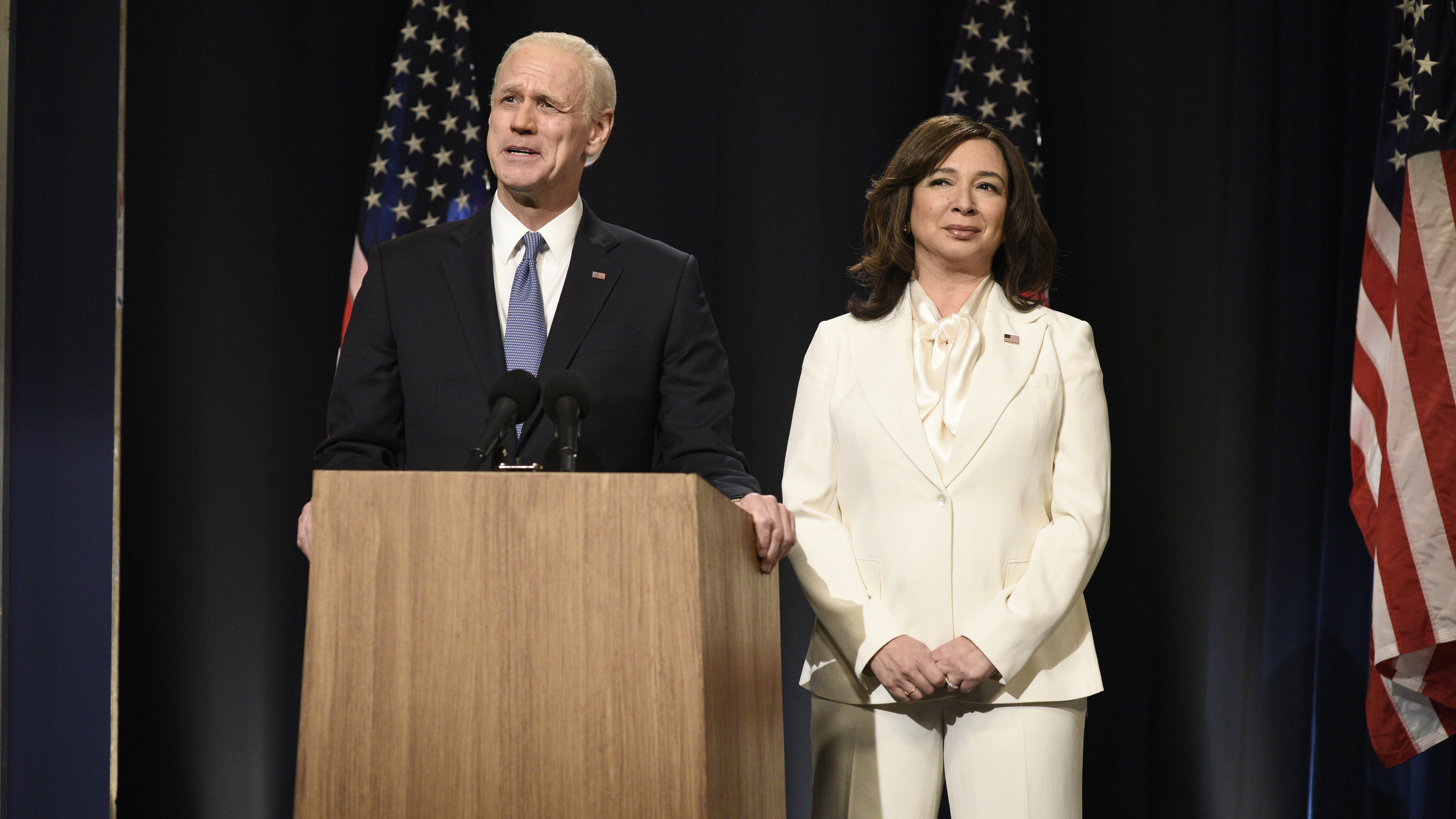 Jim Carrey as Joe Biden and Maya Rudolph as Kamala Harris on <em>Saturday Night Live</em>. (NBCU Photo Bank via Getty Images)