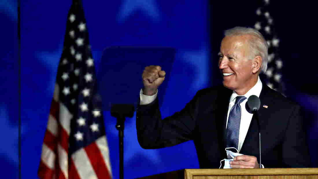 Joe Biden, 2020 Democratic presidential nominee, gestures while arriving during an election night party in Wilmington, Delaware, U.S., on Wednesday, Nov. 4, 2020. Donald Trump falsely declared early Wednesday he had won re-election against Biden and said he would ask the Supreme Court to intervene, even as several battleground states continue to count votes.