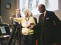 In this May 29, 2013 file photo, travel writer, journalist and author, Jan Morris, center, with the Duke of Edinburgh, right, during a reception to celebrate the 60th Anniversary of the ascent of Everest, at the Royal Geographical Society in London.