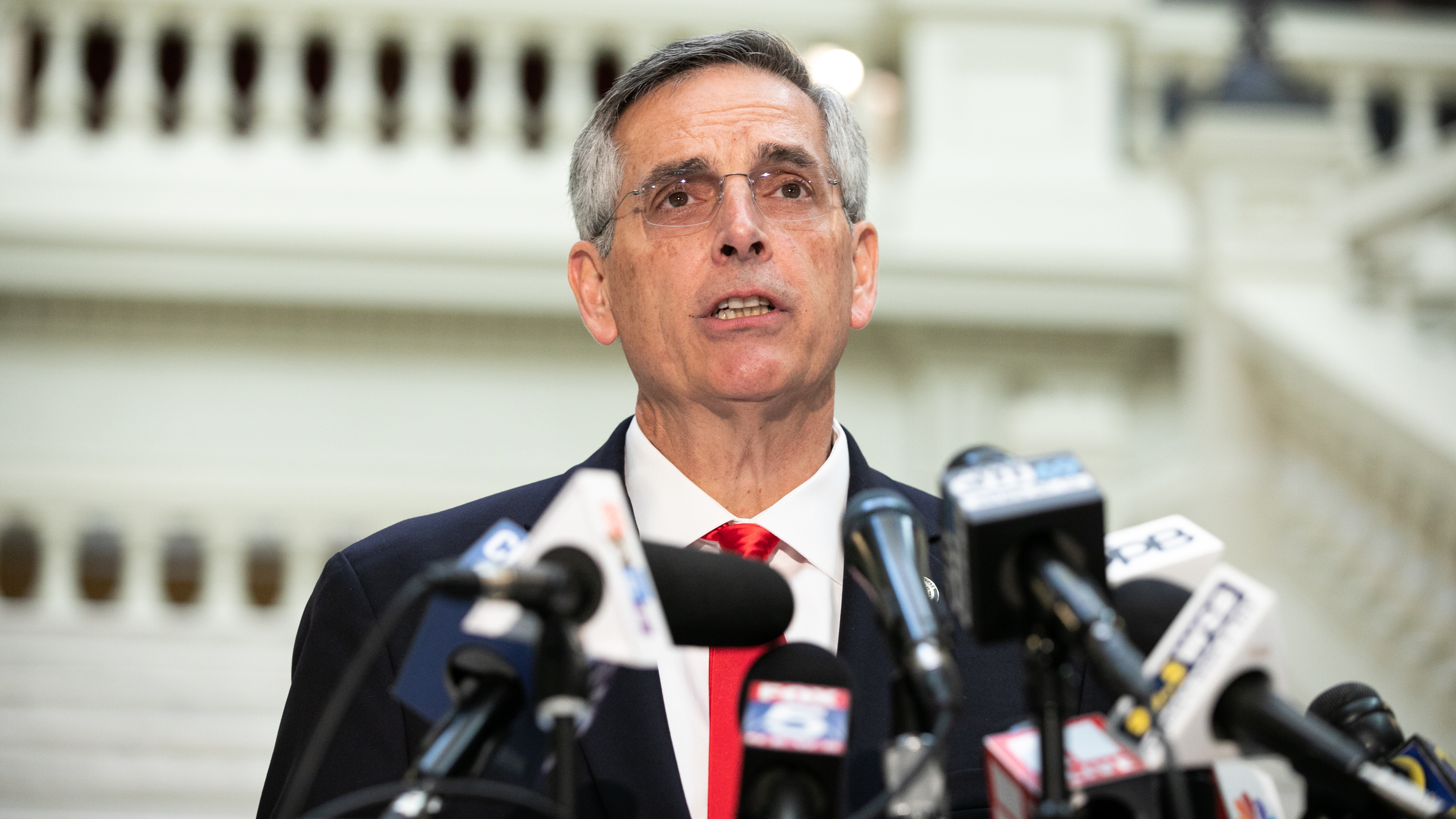 Georgia Secretary of State Brad Raffensperger holds a press conference earlier this month. Despite pressure from some fellow Republicans, Raffensperger has certified President-elect Joe Biden's victory in the state. (Getty Images)