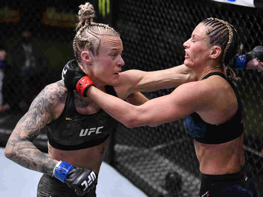 Miranda Granger punches Ashley Yoder for a UFC fight on November 14, 2020 in Las Vegas, Nevada.