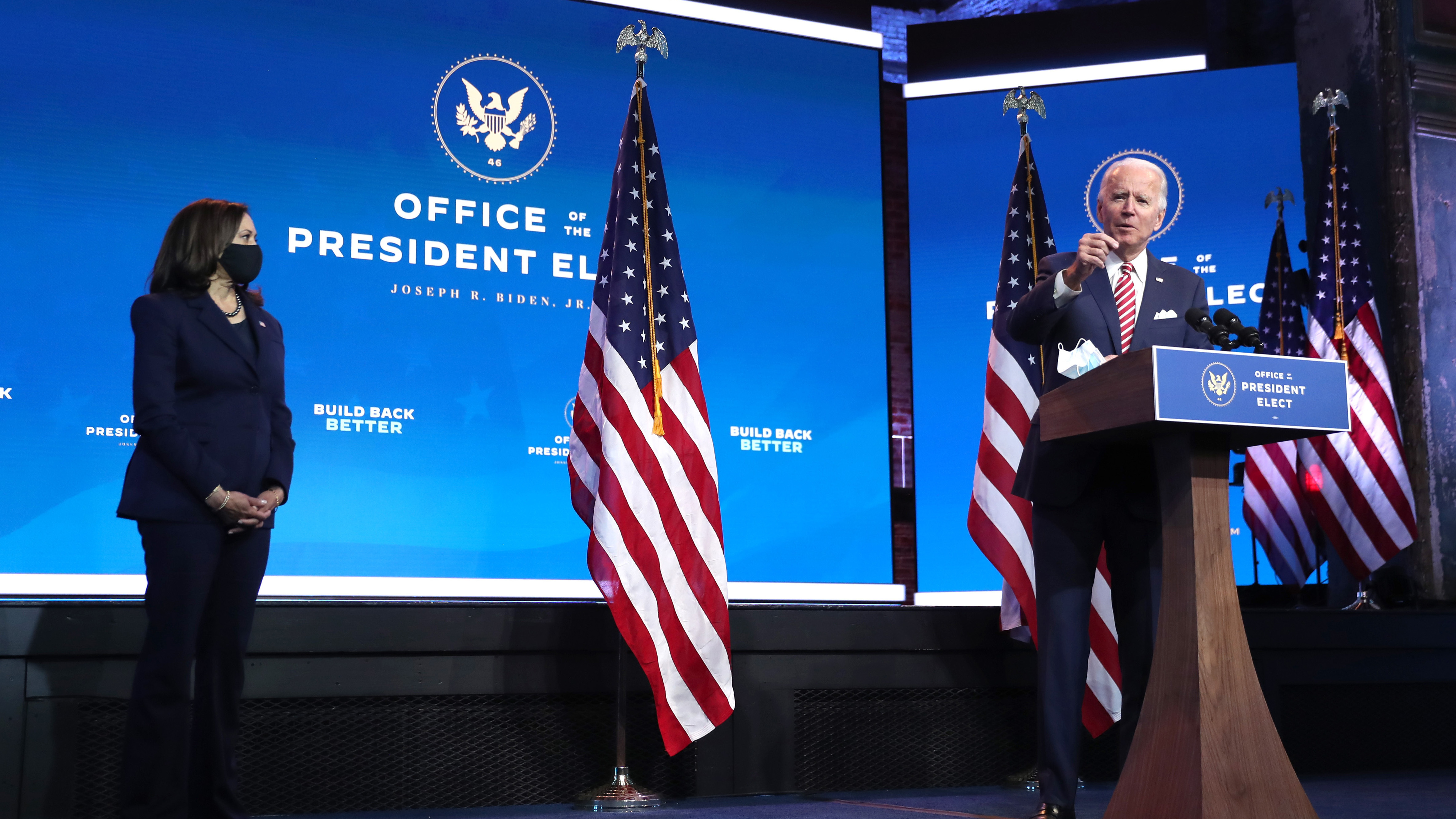 President-elect Joe Biden delivers remarks about the economy on Nov. 16, as Vice President-elect Kamala Harris looks on. (Getty Images)
