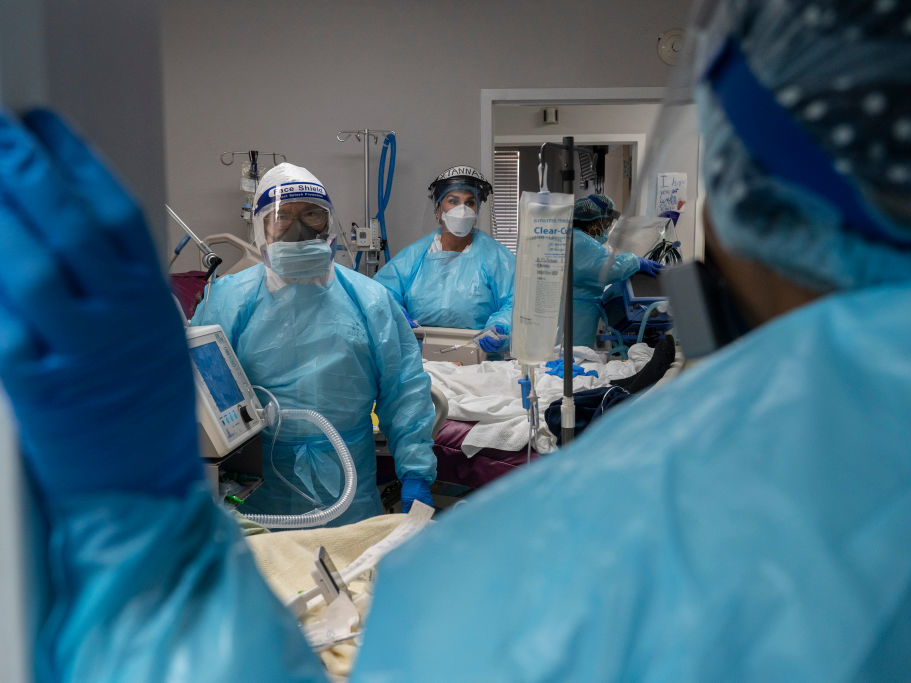 Medical staff prepare for an intubation procedure on a COVID-19 patient in a Houston intensive care unit. In some parts of the U.S., as hospitals get crowded, hospital leaders are worried they may need to implement crisis standards of care. (Getty Images)