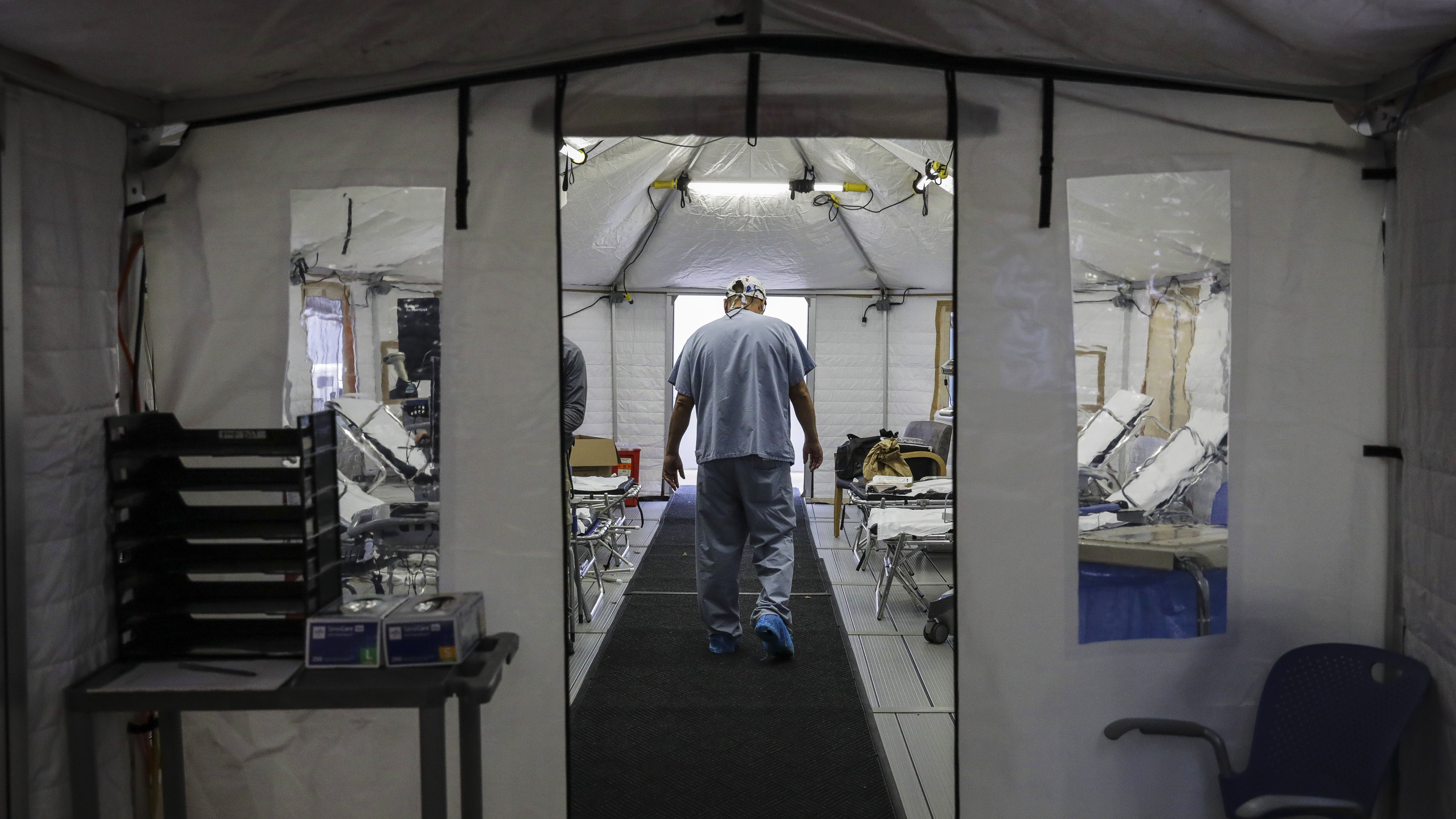 A temporary tent was set up at UMass Memorial Hospital in Worcester, Mass., to prepare for an uptick in COVID-19 cases this month.