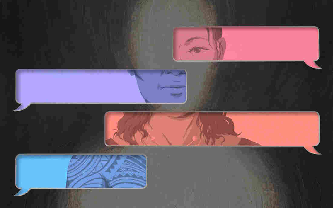 messaging bubbles reveal snippets of different multiracial people, transposed onto the silhouette of a person