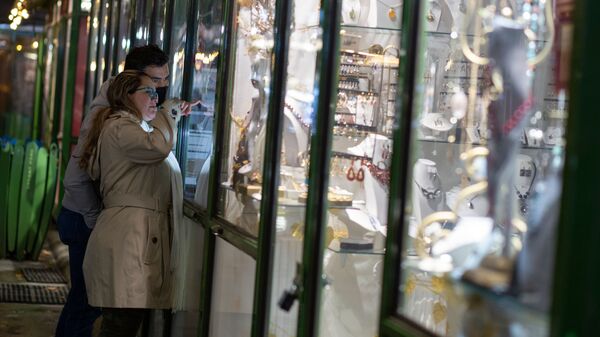 Window shopping at an outside market in New York City