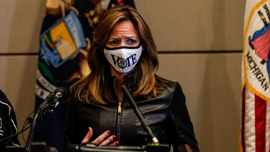 Michigan Secretary of State Jocelyn Benson says protesters were trying to intimidate her by visiting her home Saturday night. She's seen here discussing the elections during a news conference Nov. 3. (Kent Nishimura/Los Angeles Times via Getty Images)