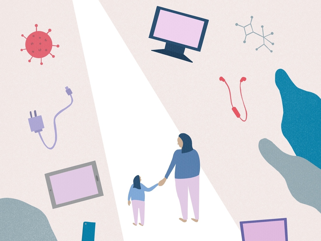 An illustration shows a computer, a smartphone, a digital tablet and a parent and child during the coronavirus pandemic.