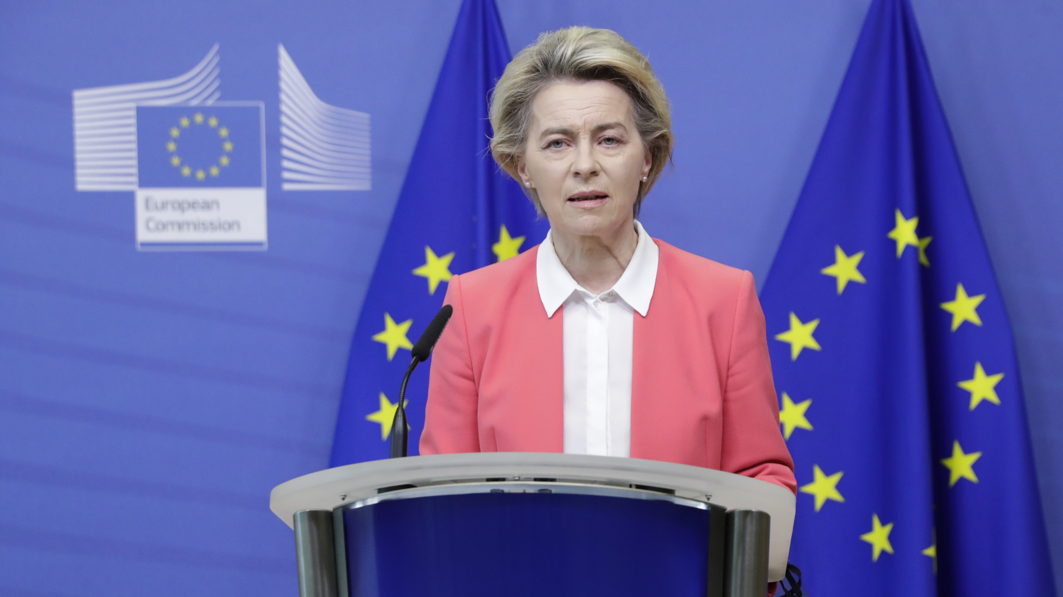 European Commission President Ursula von der Leyen delivers a statement at EU headquarters in Brussels on Sunday. Britain and the European Union say talks will continue on a free trade agreement — a deal that, if sealed, would avert New Year