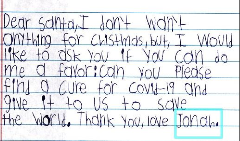 &quot;Can you please find a cure for Covid-19,&quot; Jonah asks Santa Claus. (USPS Operation Santa)