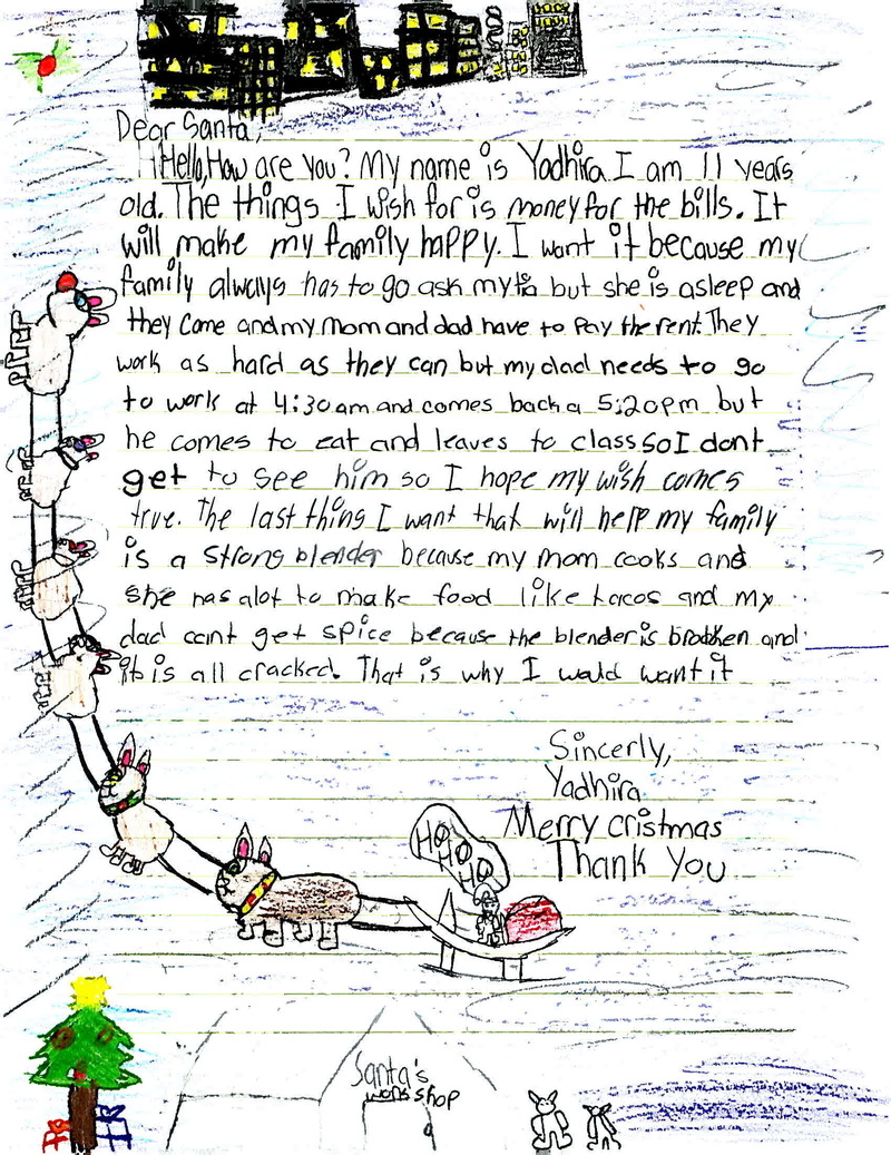 In her letter to Santa this year, Yadhira asks for help with her family's bills