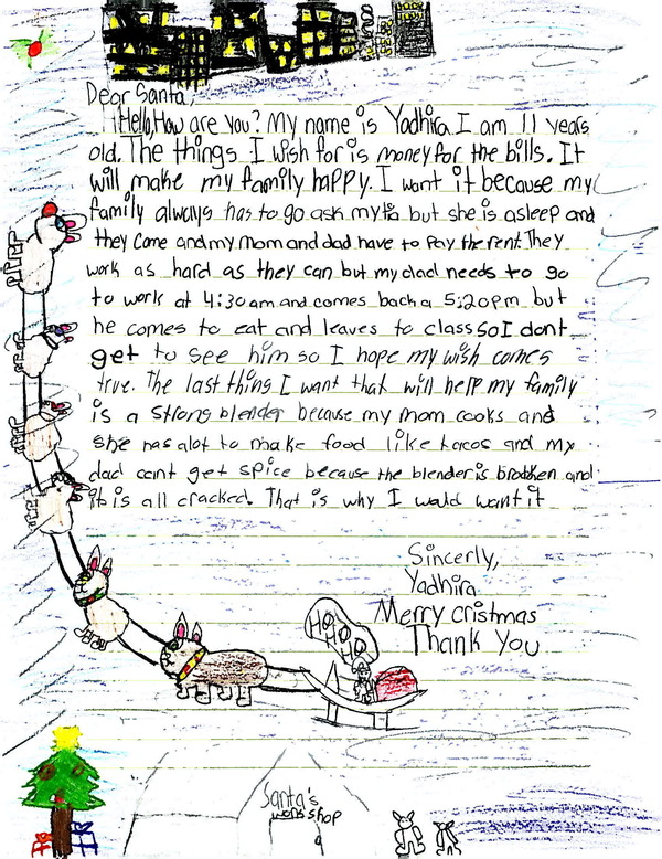 In her letter to Santa this year, Yadhira asks for help with her family's bills.