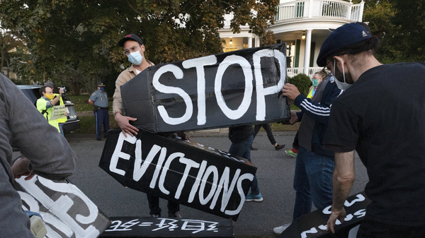 Housing activists protesting evictions in Massachusetts, which recently allowed its sweeping statewide eviction ban to expire. That leaves residents with only a much weaker eviction protection order from the Centers for Disease Control and prevention.