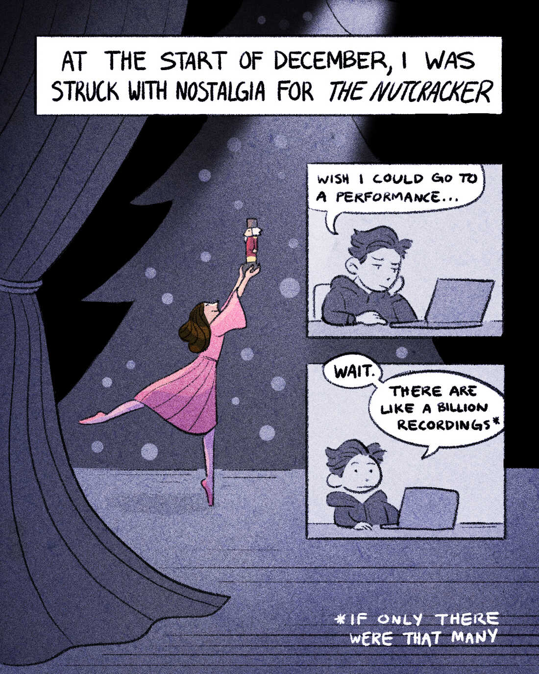 Comic. A scene of a ballet dancer portraying Clara holds up a toy nutcracker on stage. At the start of December, I was struck by nostalgia for The Nutcracker. Kaz looks at a laptop and says "wish I could go to a performance....""Wait. There are like a billion recordings."* *If only there were that many