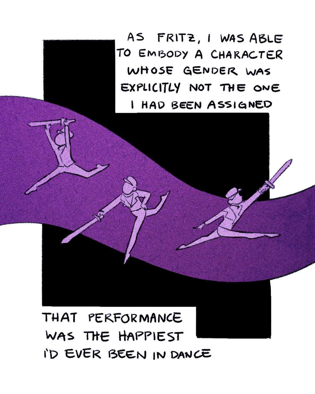 Young Kaz, dressed as Fritz, dances against a dark background. As Fritz, I was able to embody a character whose gender was explicitly not the one that I had been assigned. That performance was the happiest I'd ever been in dance.