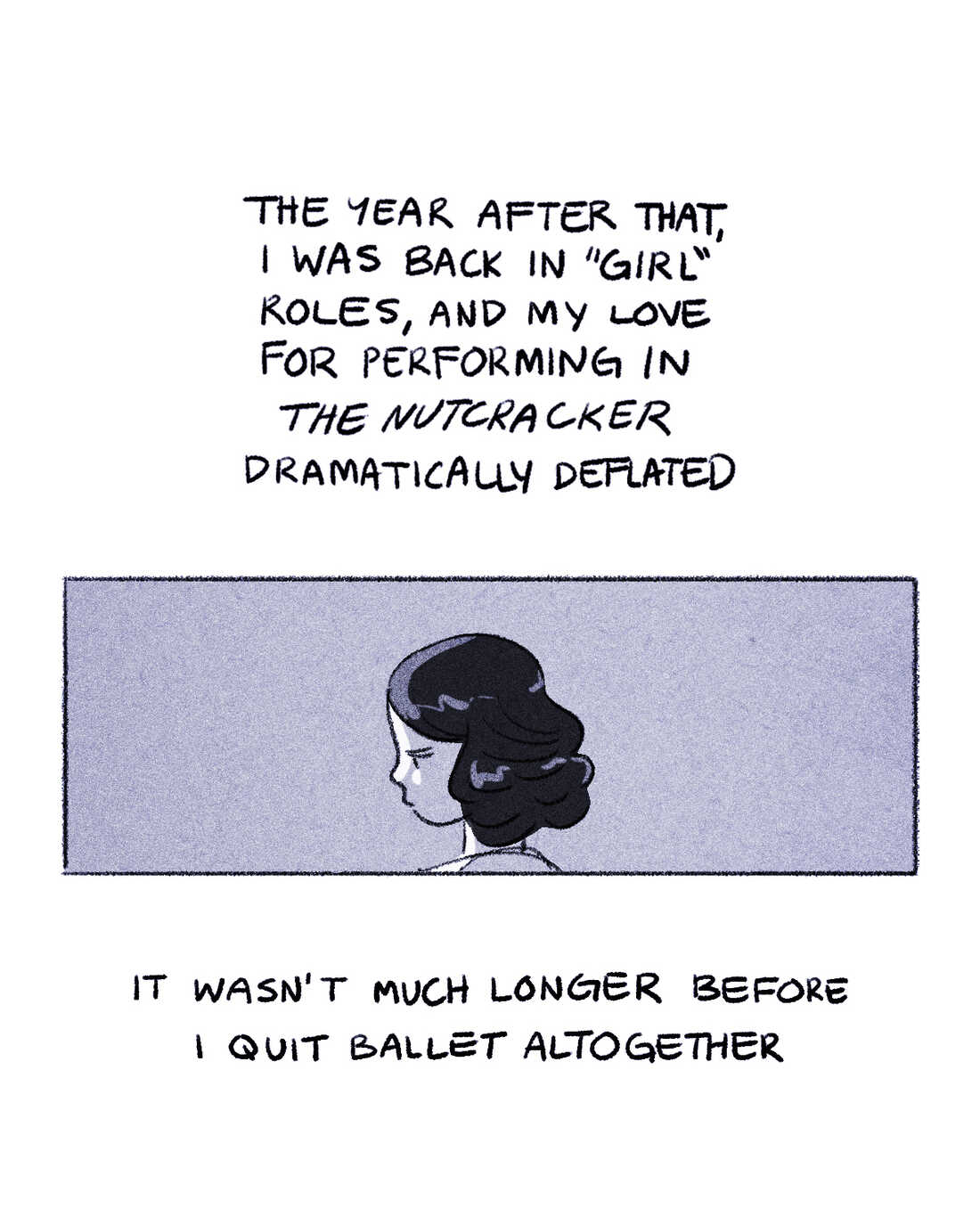 Young Kaz with longer hair looks down. The year after that, I was back in "girl roles," and my love for performing in The Nutcracker dramatically deflated. It wasn't much longer before I quit ballet altogether.