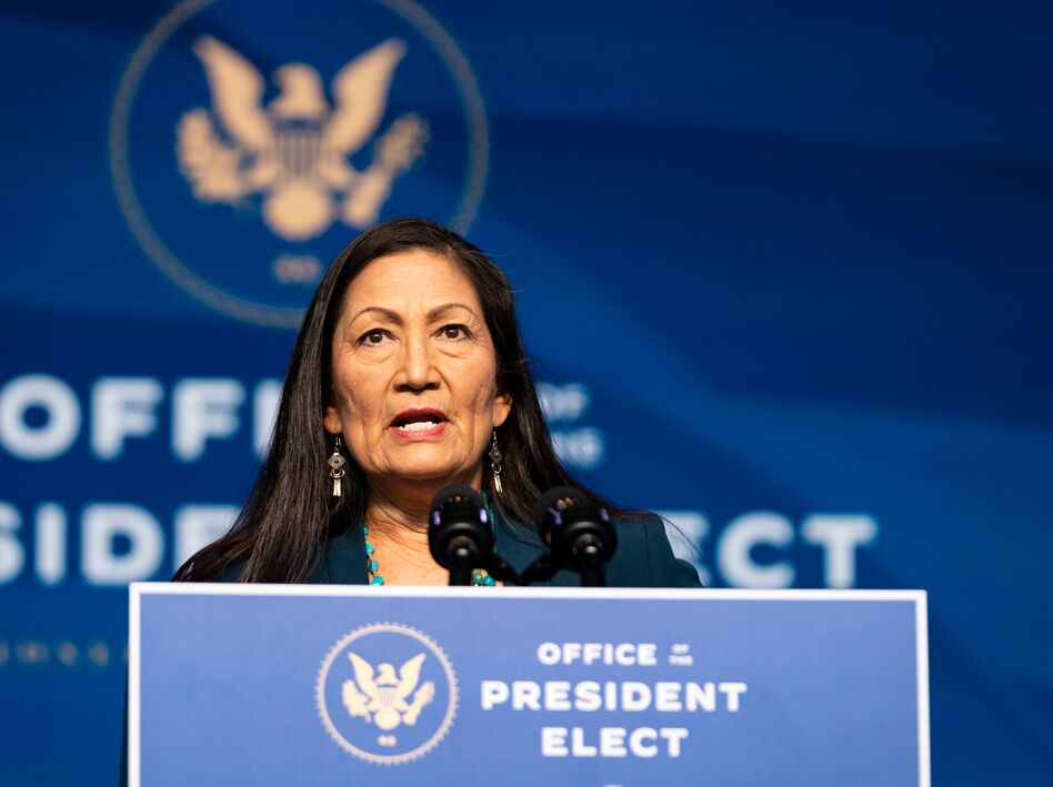 Rep. Deb Haaland, D-N.M., delivers remarks after being introduced as President-elect Joe Biden's nominee to be the next secretary of interior. (Alex Edelman/AFP via Getty Images)