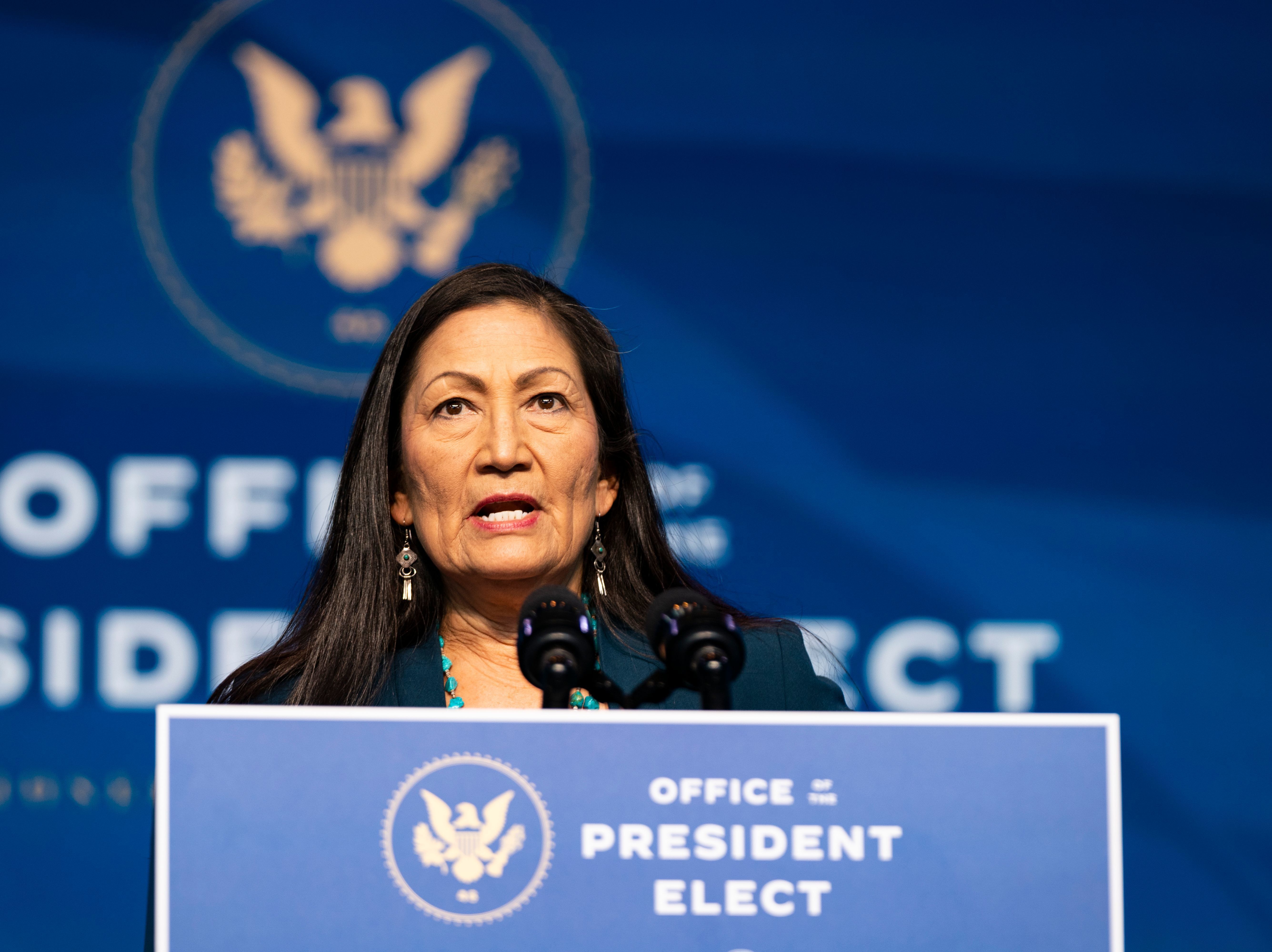Rep. Deb Haaland, D-N.M., delivers remarks after being introduced as President-elect Joe Biden's nominee to be the next secretary of interior. (AFP via Getty Images)