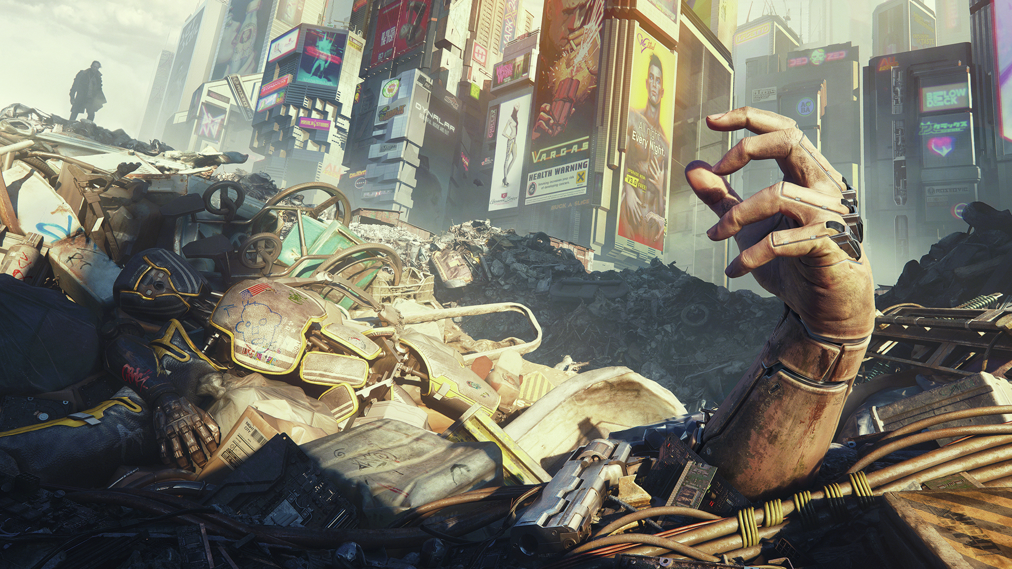 A cyborg hand sticking out of a trash heap.