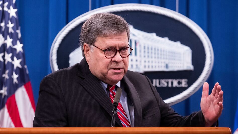 Attorney General William Barr holds a news conference on Monday. (Michael Reynolds/Pool/AFP via Getty Images)