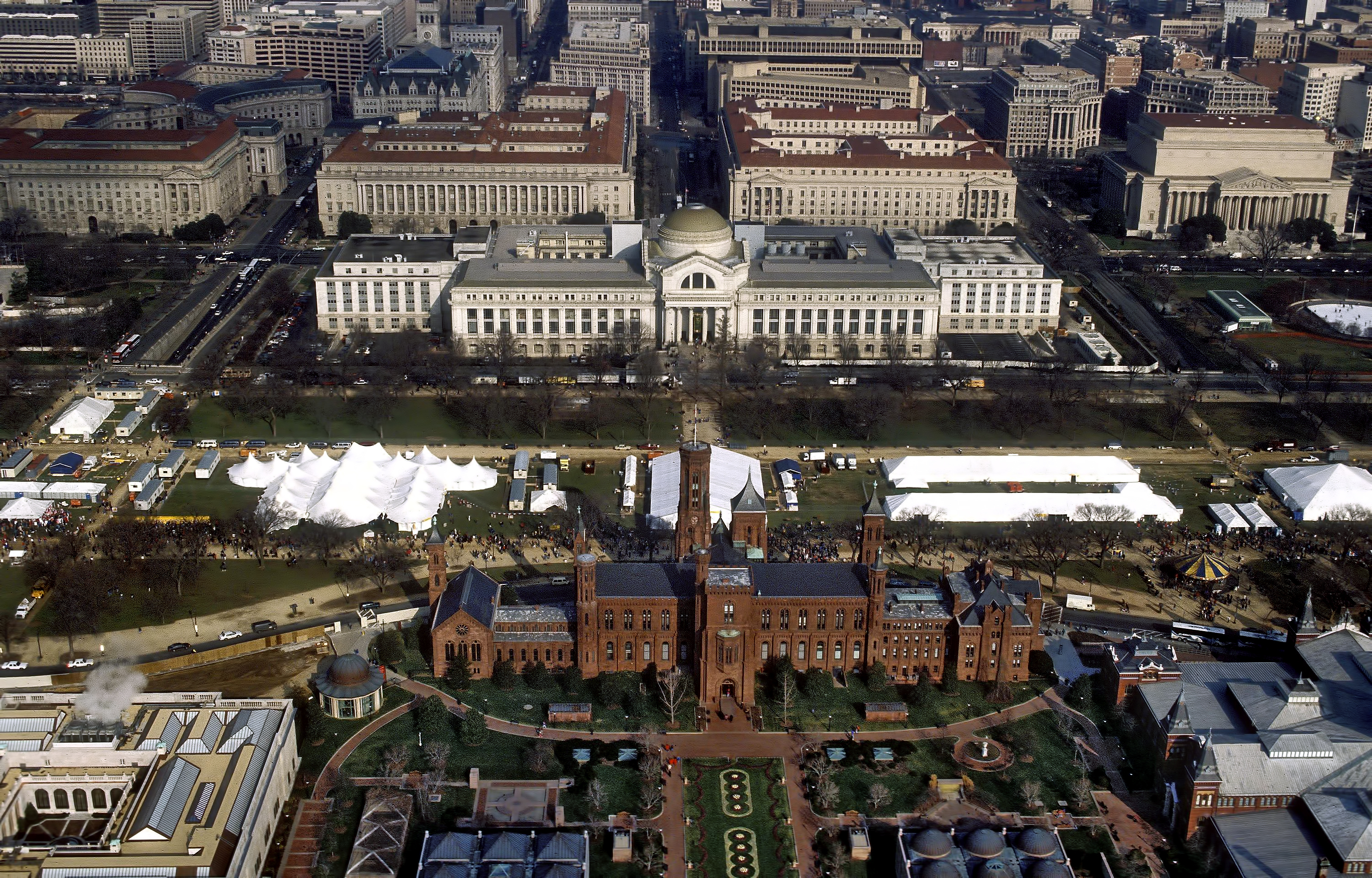 An aerial view of the National Mall in Washington, D.C., with the Smithsonian Institution Building (&quot;The Castle&quot;) in the foreground and the Smithsonian's National Museum of Natural History in the background. (Smithsonian)