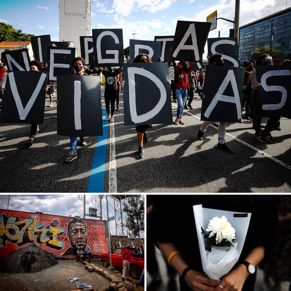 The killing of George Floyd in Minnesota resonated and led to huge demonstrations for racial justice around the world. Top: Protesters hold Portuguese signs reading "Black Lives Matter" in Rio de Janeiro, Brazil. Left: Residents of Nairobi's Kibera slum work in front of a George Floyd mural in Kenya. Right: A South Korean activist holds a flower during a rally to mourn Floyd's death.