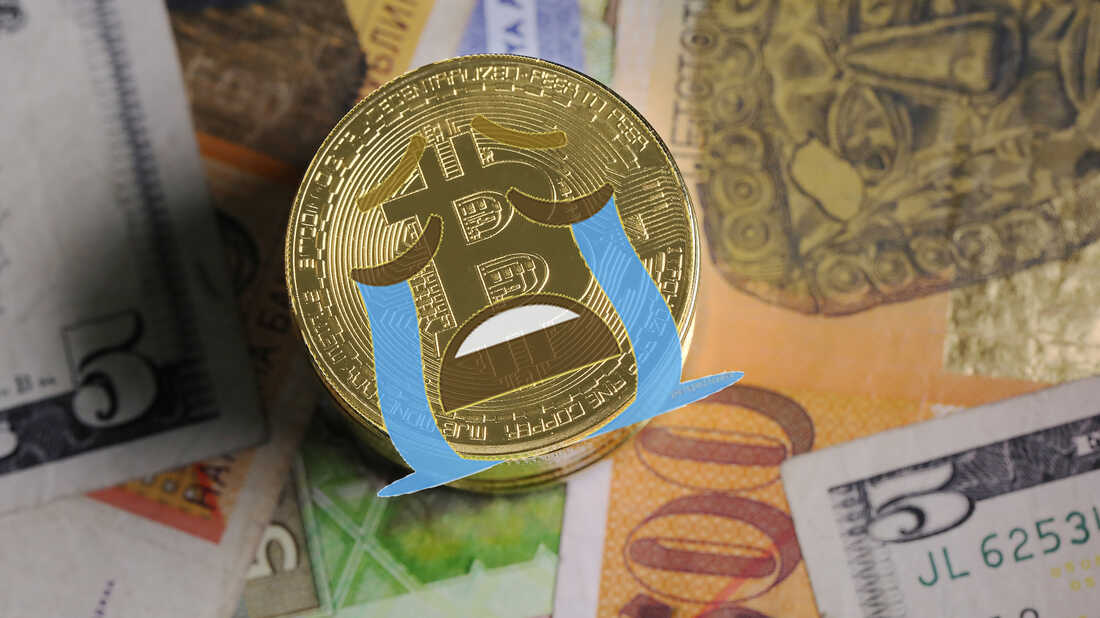 Artistic collage of a crying bitcoin