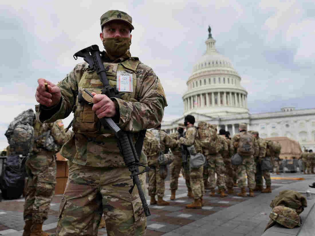 National Guard troops provide security at the U.S. Capitol for the upcoming inauguration for President-elect Joe Biden amid threats by extremist supporters of Donald Trump in Washington DC on January 17, 2021. There were threats to storm capitols in all 50 states but the day remained quiet.