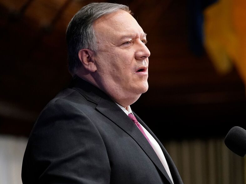 Secretary of State Mike Pompeo speaks last week at the National Press Club in Washington. He said on Tuesday that China has committed genocide against its Muslim Uighur population. (Andrew Harnik/POOL/AFP via Getty Images)