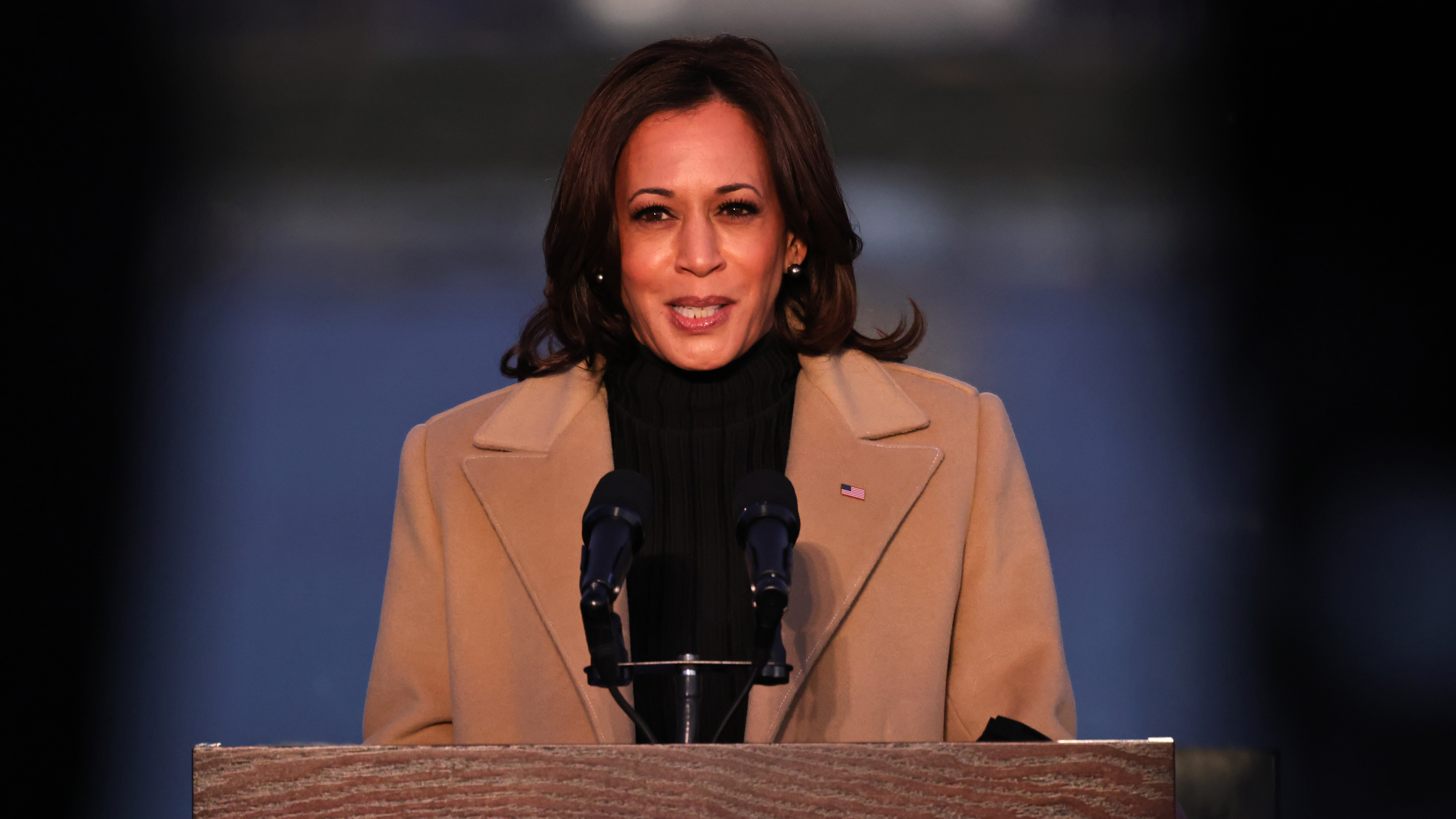 Vice President-elect Kamala Harris speaks at a memorial for victims of the coronavirus pandemic at the Lincoln Memorial on the eve of her inauguration as the first woman, first Black American and first person of Indian heritage to become vice president. (Getty Images)