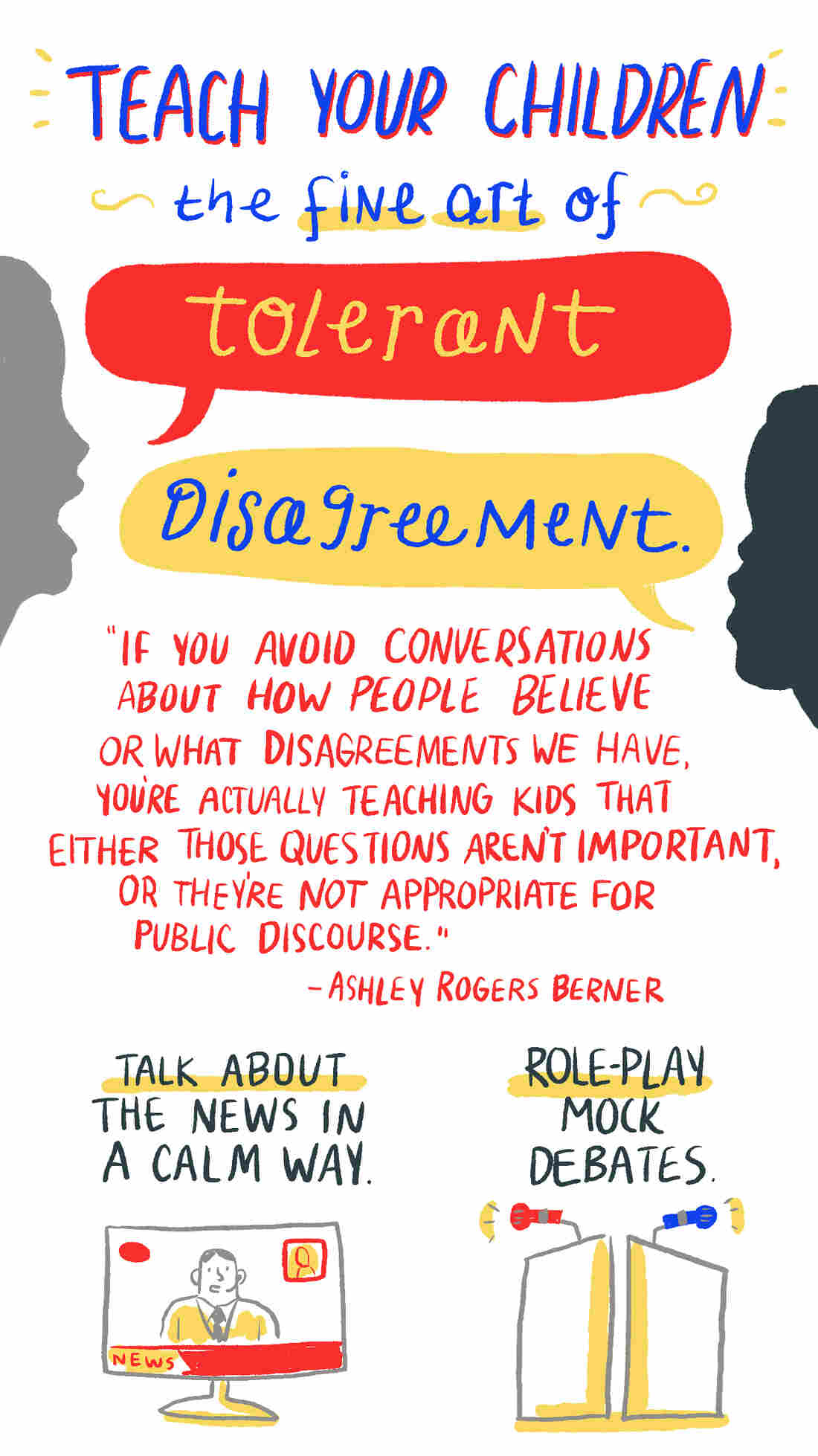 Teach your children the fine art of tolerant disagreement. "If you avoid conversations about how people believe or what disagreements we have, you're actually teaching kids that either those questions aren't important, or they're not appropriate for public discourse." -Ashley Rogers Berner.