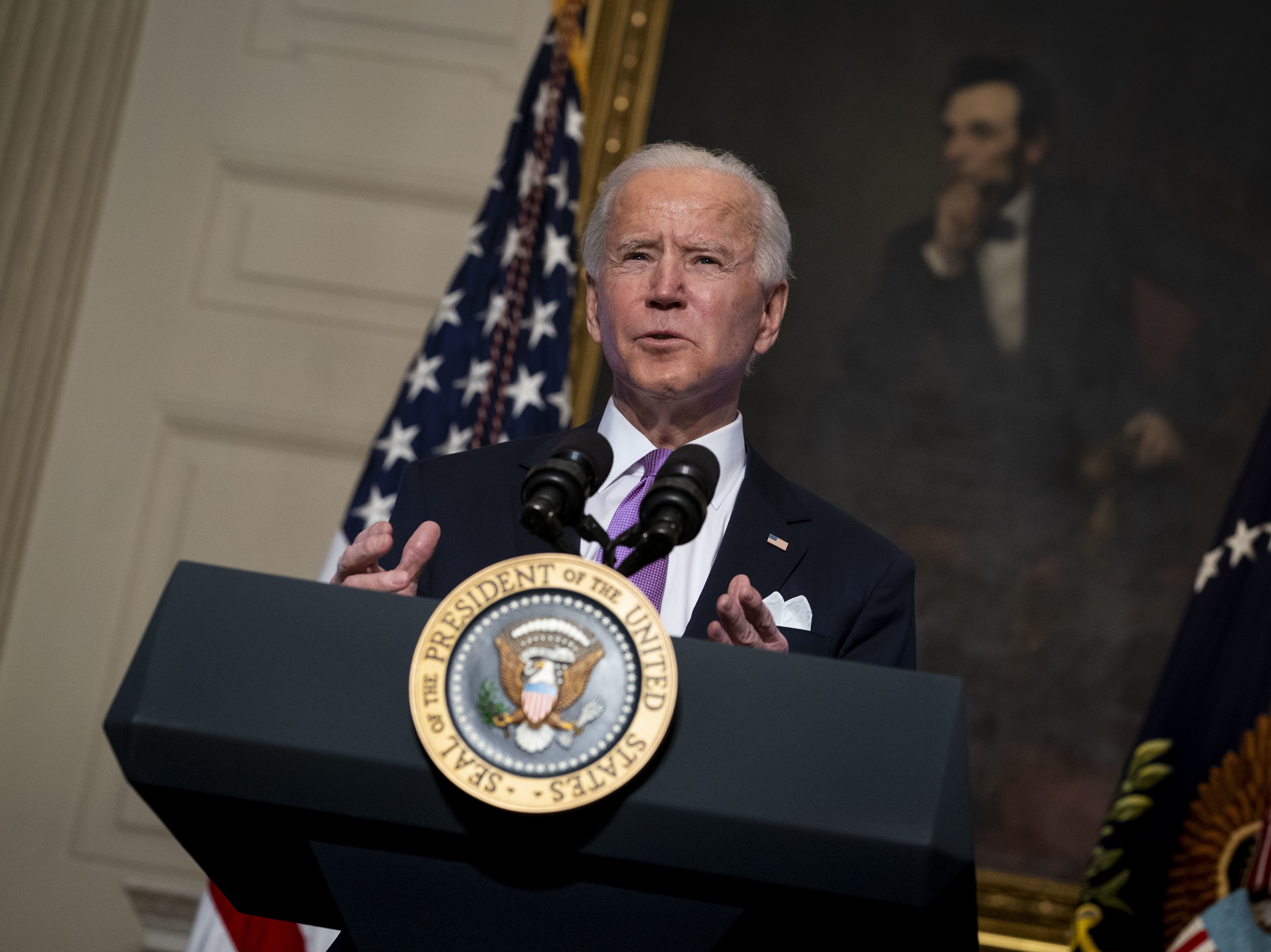 President Biden speaks about the coronavirus pandemic in the State Dining Room of the White House on Tuesday. (Getty Images)