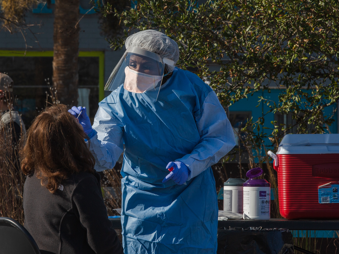 A health care worker from the Medical University of South Carolina administers a coronavirus test this month in Charleston, S.C. U.S. health authorities said Thursday that the first U.S. cases of the variant that emerged from South Africa were detected in South Carolina. (Bloomberg via Getty Images)
