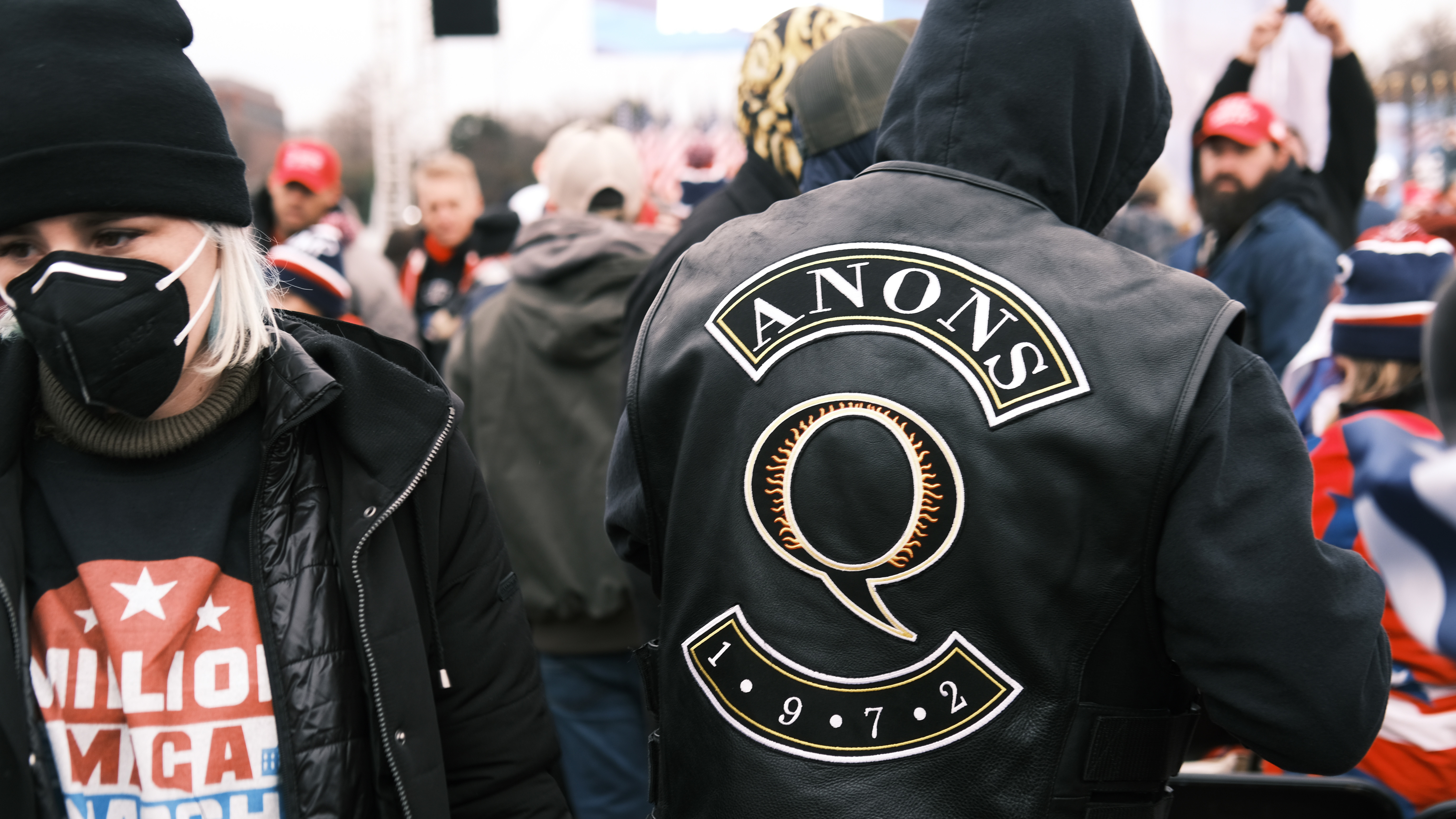 A QAnon supporter attends the Jan. 6 &quot;Stop the Steal&quot; rally in Washington, D.C., after which supporters of President Donald Trump stormed the U.S. Capitol. (Getty Images)