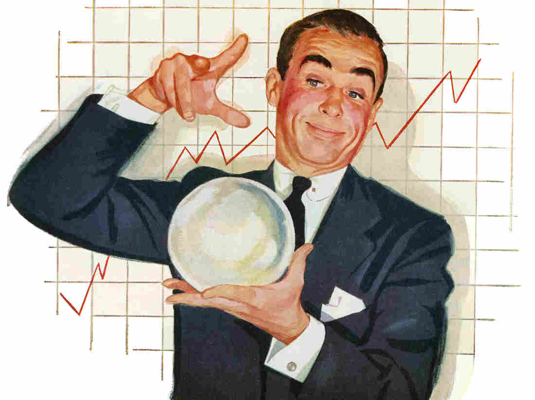 Vintage illustration of a 1950s businessman with a crystal ball, telling the fortune of his company's profits, 1953. (Illustration by GraphicaArtis/Getty Images)
