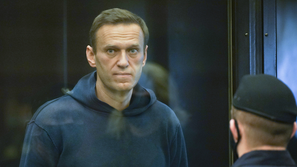 Russian opposition leader Alexei Navalny appears in the Moscow City Court in Moscow on Tuesday.