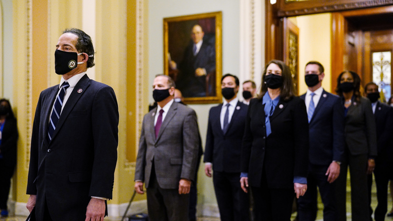 Democratic House impeachment managers, led by Maryland Rep. Jamie Raskin, left, filed their pretrial brief outlining their case against former President Donald Trump for inciting an insurrection on Jan. 6. (Melina Mara/AP)