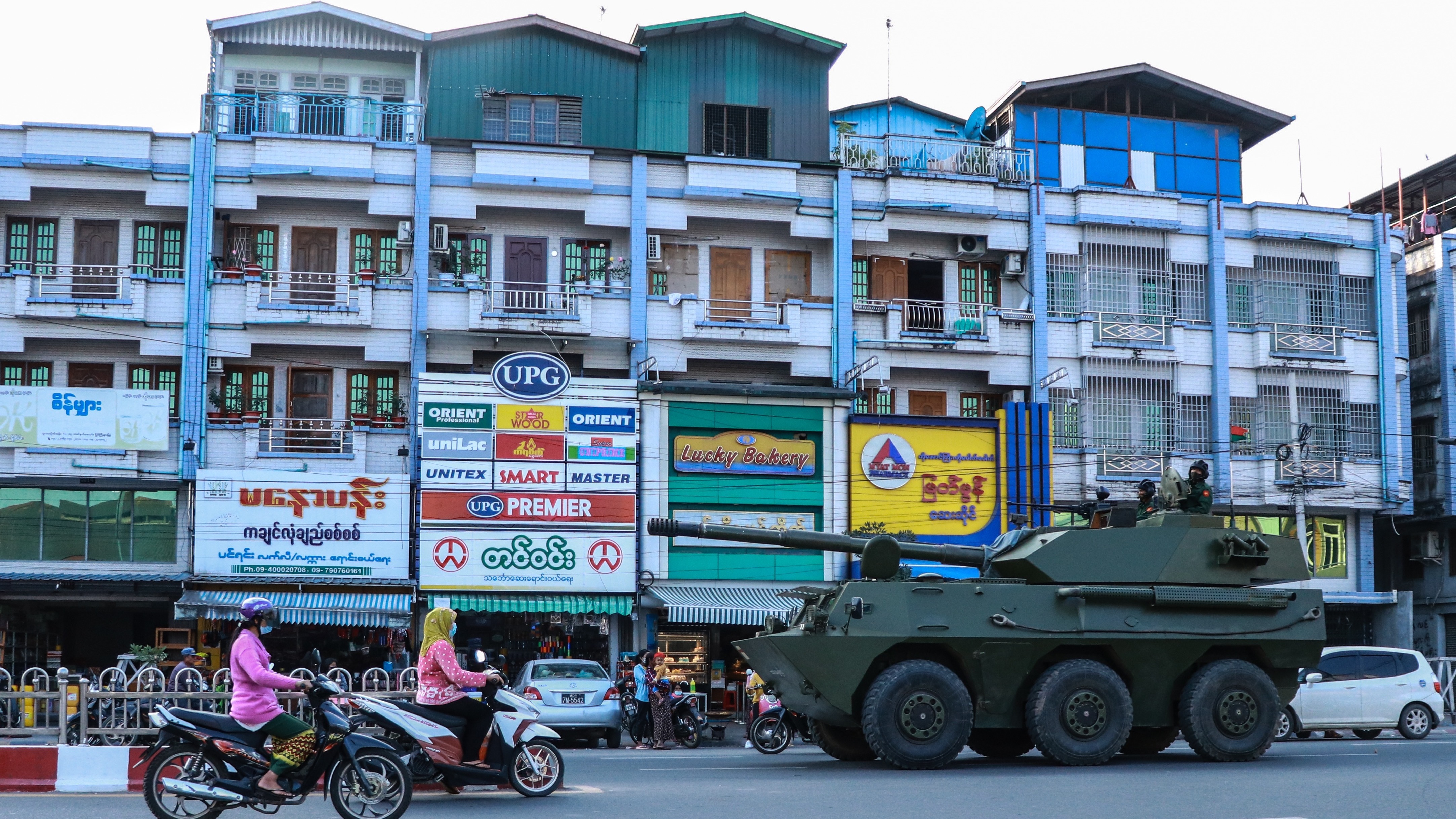 A military armored vehicle is seen along a street in Myitkyina, Kachin State on Tuesday as Myanmar's generals appeared in firm control a day after seizing power in a coup. (STR/AFP via Getty Images)